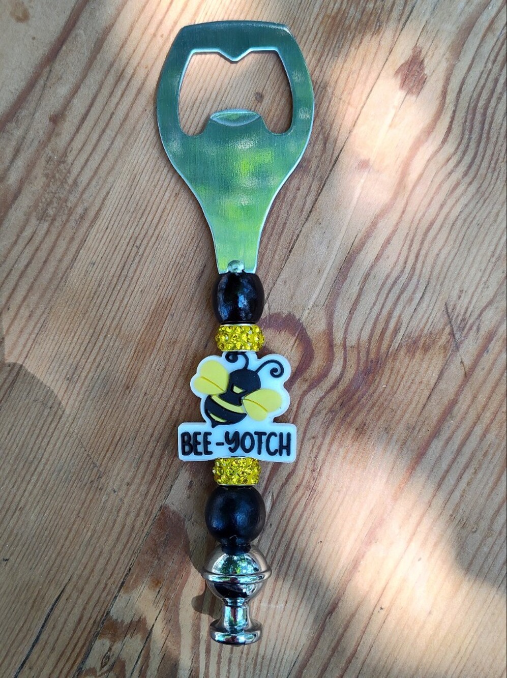Bee-Yotch Yellow & Black Beaded Bottle Opener